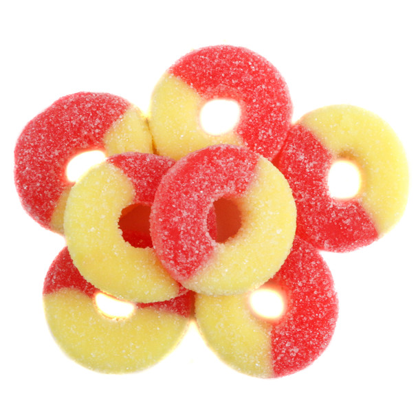 Vibrant red and yellow Strawberry Banana Gummy Rings, sugar-coated chewy candy, a delicious pile.