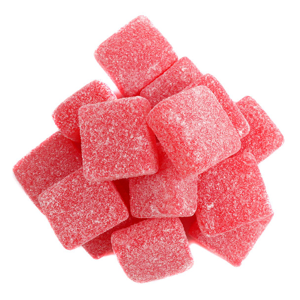 Soft, red, sugar-coated cinnamon square gummies, approx 65 pieces per pound.