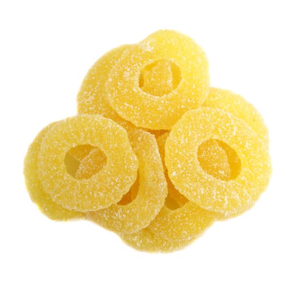 Bright yellow and green gummy pineapple rings, tangy tropical candy, approx. 1.75 inch diameter, 72 per pound.
