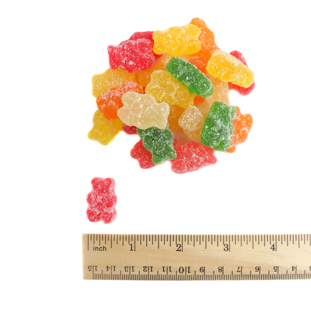 Albanese Sour Gummy Bears, assorted red, green, yellow, orange candy, approximately 125 pieces per pound.