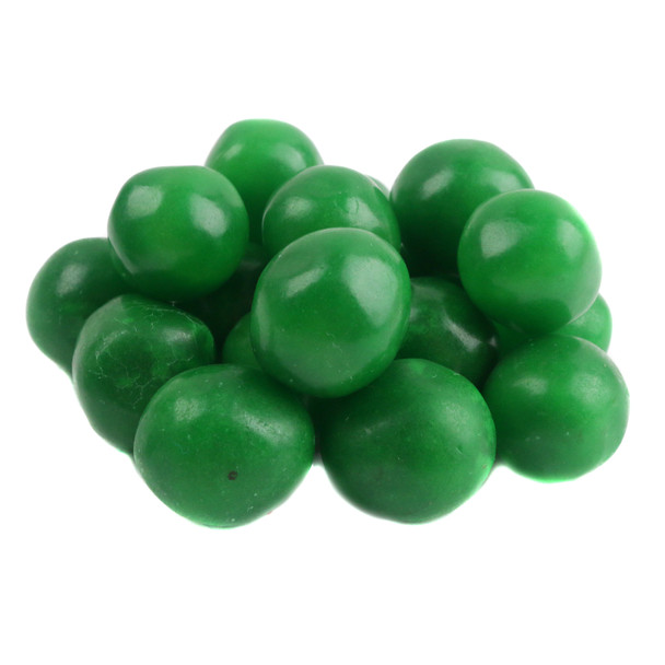 Vibrant green Green Apple Chewy Sour Balls, dark green shell, tangy, chewy, approximately 95 per pound.