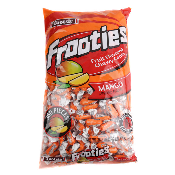 Vibrant orange, mango-flavored Tootsie Roll Mango Frooties, 360 soft chewy gluten-free candies in bulk.