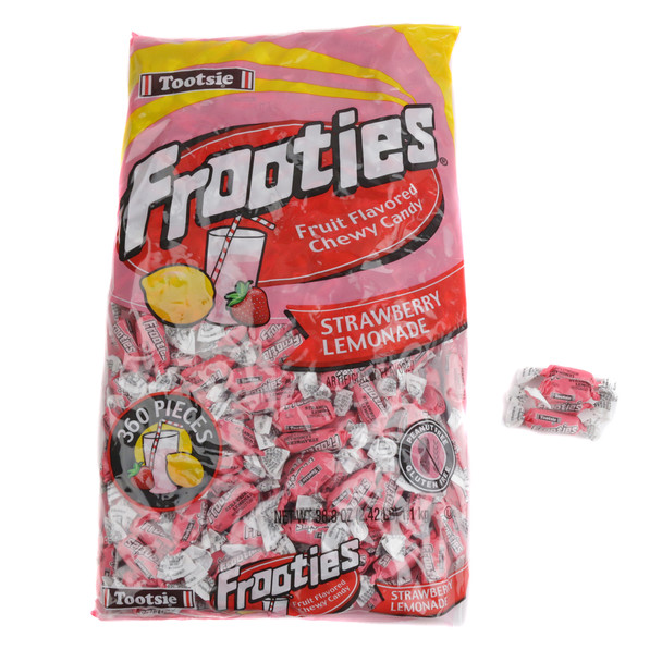Strawberry Lemonade Frooties, 360 individually wrapped, pink and yellow chewy candy.