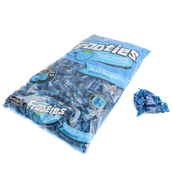 Vibrant blue Blue Raspberry Frooties, 360 soft chewy gluten-free candies in a 38.8oz bag.
