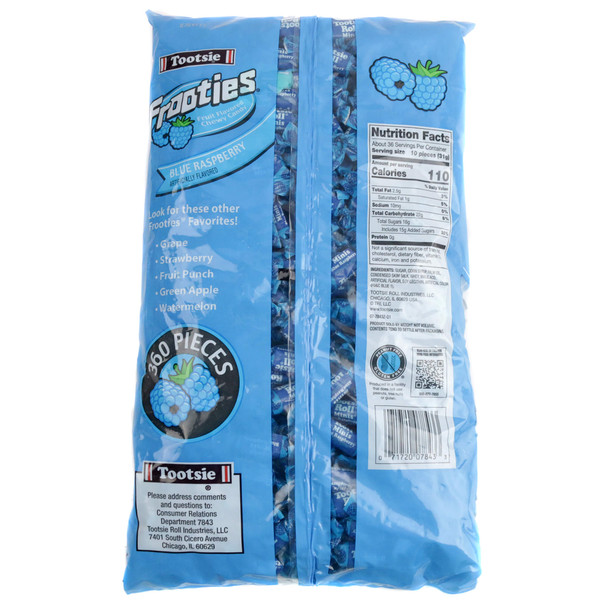 Vibrant blue Blue Raspberry Frooties, 360 soft chewy pieces, 38.8oz gluten-free candy.