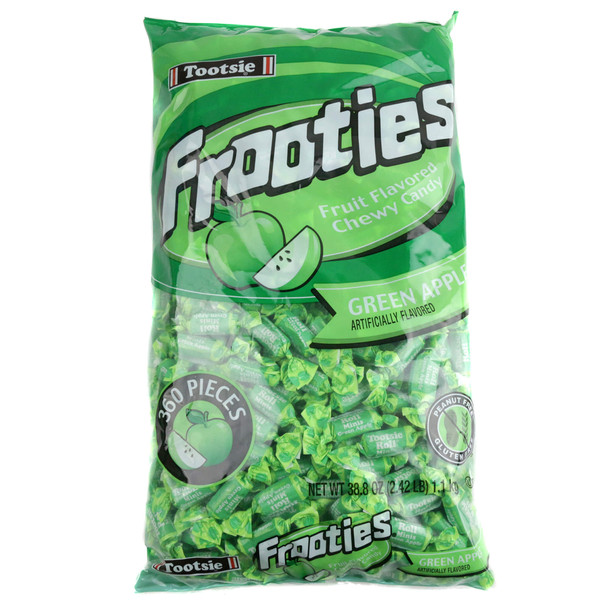 Vibrant green Green Apple Frooties, soft chewy candy, 360 pieces in a bag. Perfect for St. Patrick's Day.