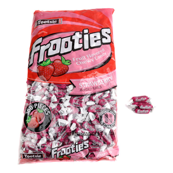 360 Tootsie Roll Strawberry Frooties, individually wrapped chewy pink and red candy, with bright pink wrappers.