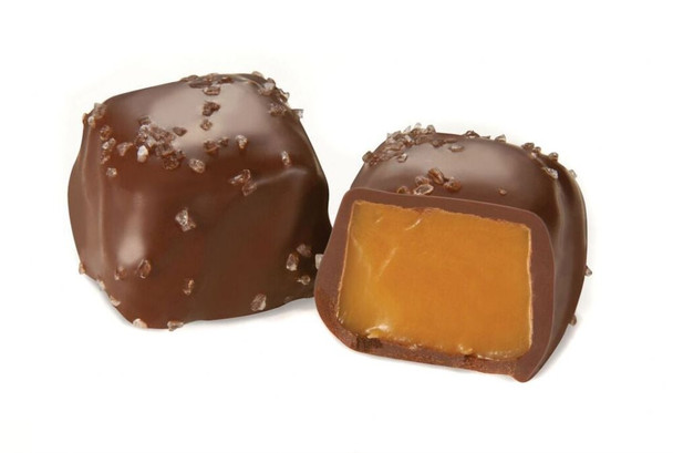 Ashers Sugar Free Milk Chocolate Vanilla Caramels with Sea Salt. Approx 30 brown, milk chocolate covered caramels with white sea salt.