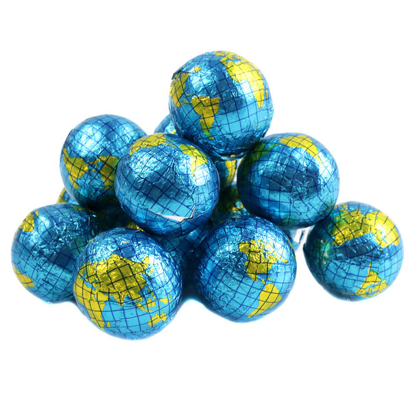 Madelaine World Chocolate Balls, creamy milk chocolate, blue & green world map foil wrapped, 3/4 inch, approx 80 per pound.