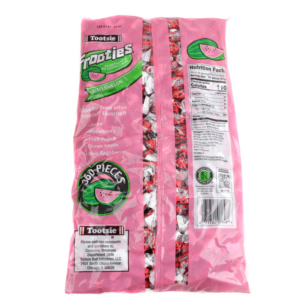 360 Tootsie Roll Watermelon Frooties, chewy pink candies in green wrappers, large bulk bag.