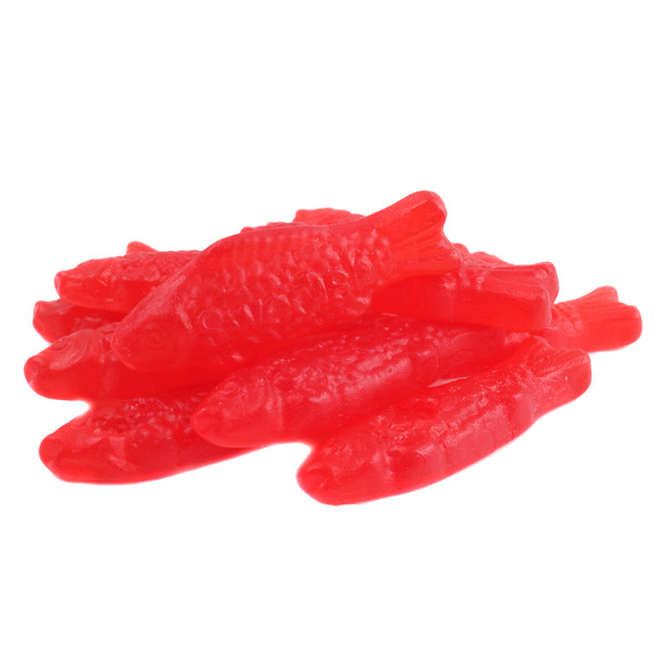 Vibrant red Swedish Fish, chewy cherry candy with classic fruity flavor. Approximately 55 fish per pound.