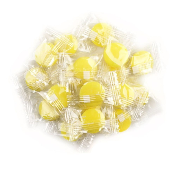 Eda's Banana Sugar Free Candy, vibrant yellow hard candy, approximately 80 pieces per pound, bulk wrapped, made in USA.