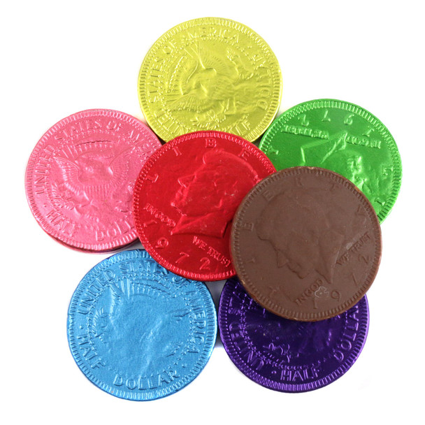 Assorted milk chocolate coins, 1.5-inch, rainbow foils with US half dollar design, 80 per pound.