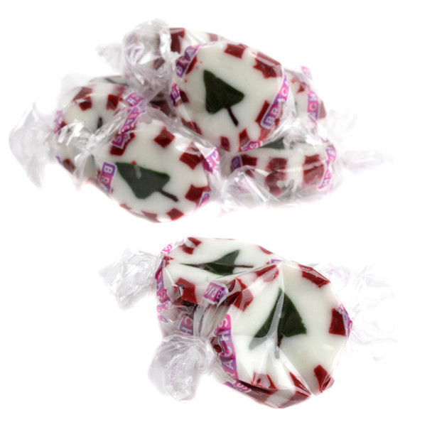 Brach's Peppermint Christmas Nougats, soft, creamy, white with red flecks, sweet-mint, approx 87 pieces per pound.