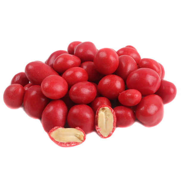 Sconza Boston Baked Beans candy, showcasing the textured, glossy red candy shells of the sweet peanuts
