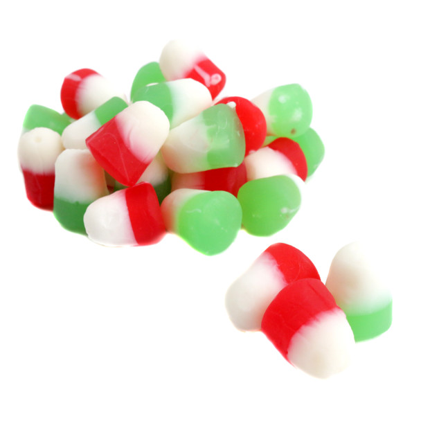 Christmas Juju Drops, festive red, green, white chewy candies, white tips. Fruity flavor, approx 100 per pound.