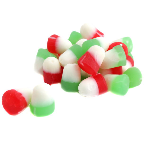 Festive Christmas Juju Drops, red, green, and white chewy candies with white tips, perfect for holiday treats.