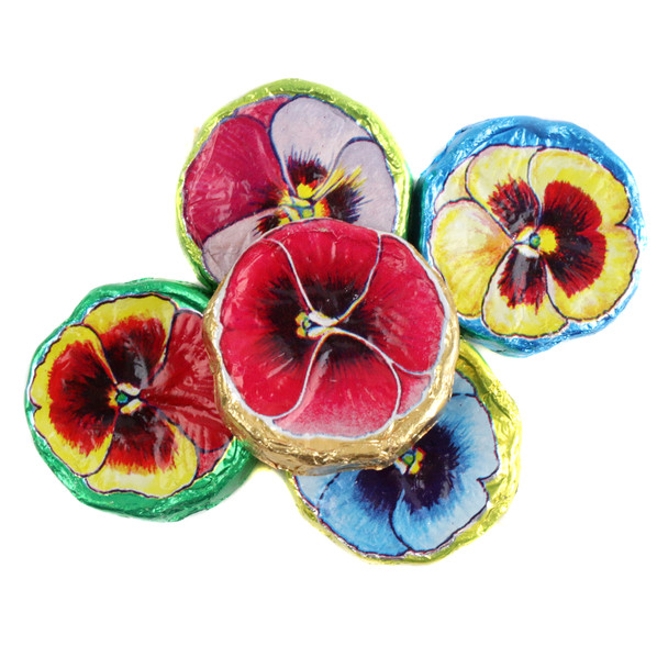 Madelaine solid milk chocolate flower pansies, bite-sized, wrapped in colorful assorted foils, 55 pieces per pound.