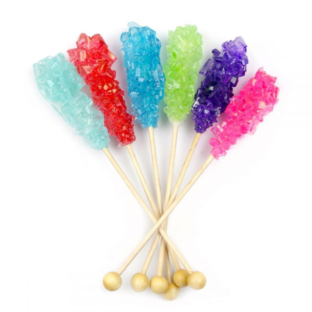 72 unwrapped Little Rock Candy Sticks, assorted rainbow colors. Approximately 2-inch candy, 5.5-inch total length.