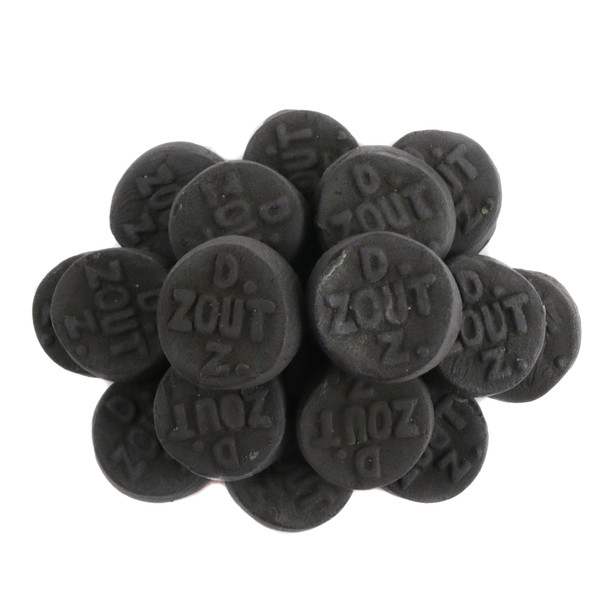 2.2lb bag of round, black, double salt Dutch licorice coins, chewy and Non-GMO. Approx. 396 pieces.