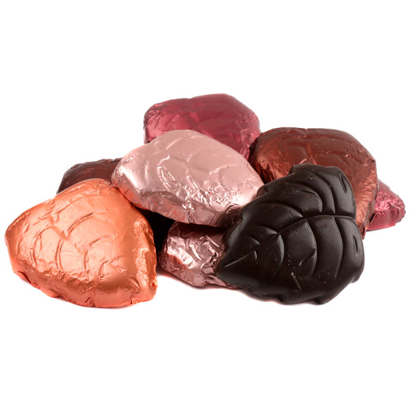 Dark chocolate fall leaves, gold, brown, dark red foil, approx 50/lb, Thanksgiving Halloween.