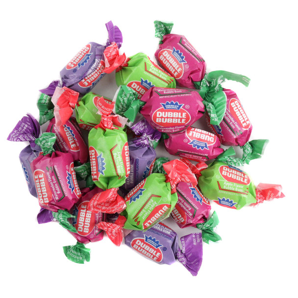 Dubble Bubble assorted bulk bubble gum, vibrant rainbow colors. Approx 90 pieces per pound.