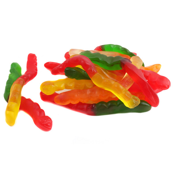 Albanese Gummy Worms, 4-inch, chewy, vibrant assorted fruit flavors, red, green, orange, yellow, pink.