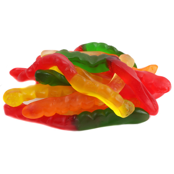 Albanese Gummy Worms, 4-inch assorted fruit candy, vibrant red, orange, yellow, green, pink, clear chewy worms.