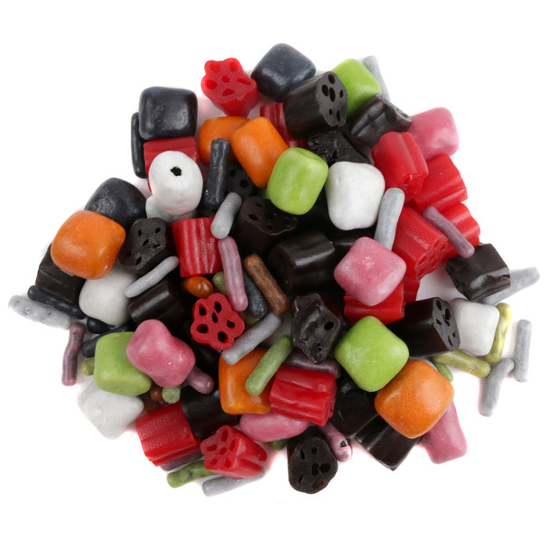 Kennys Licorice Mix, assorted red, black, and pastel colored bites, hollows, and candy-shelled pieces. Made in USA.