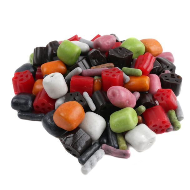 Kennys Licorice Mix, assorted red, black, and pastel candy shell coated bites, hollows, and pastels. Classic USA made.