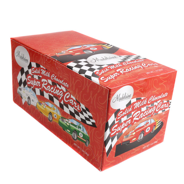 60 solid milk chocolate race cars, 3-inch, individually wrapped in bright foils with detailed car graphics.