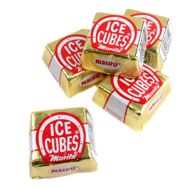 German-made, bulk individually wrapped Chocolate Ice Cubes Candy, 1-inch cubes, 41 pieces per pound.