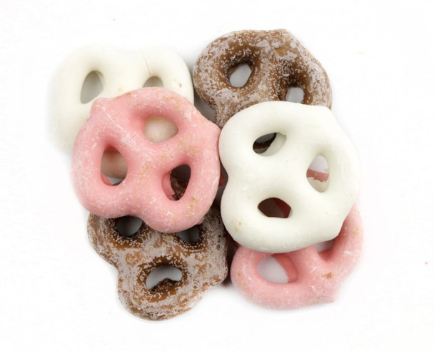 Neapolitan mini pretzels, 90 per pound. Chocolate, vanilla, strawberry coated. Sweet, salty, colorful Made in USA snack.