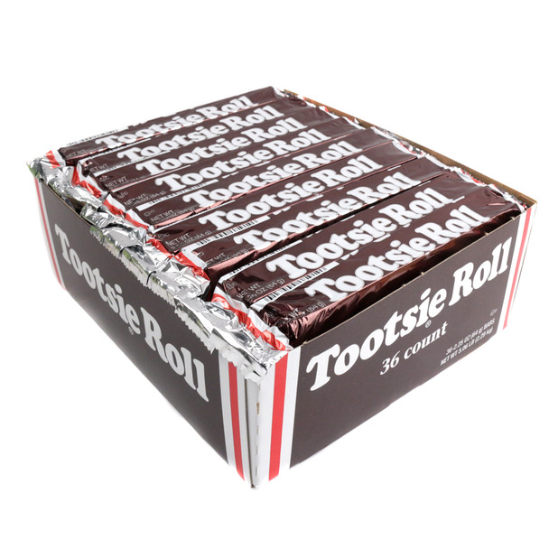 Tootsie Roll 36-piece box, large 2.25oz chewy brown candy bars, classic retro gluten-free concession stand treat.