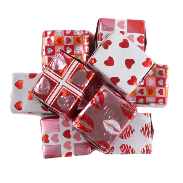 Madelaine Milk Chocolate Valentine Presents, foil wrapped in assorted festive colors, approx. 45 pieces per pound.