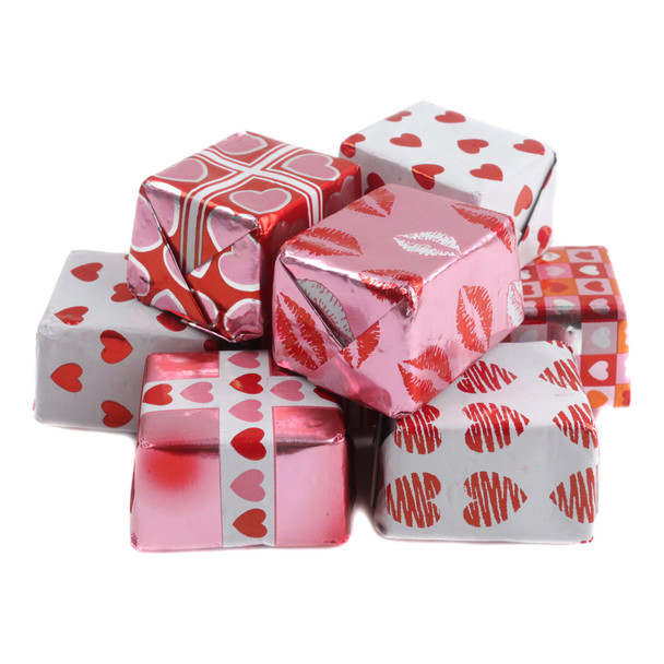 Madelaine Milk Chocolate Valentine Presents, approx 45 pieces, assorted shiny red, pink, silver, gold foils.