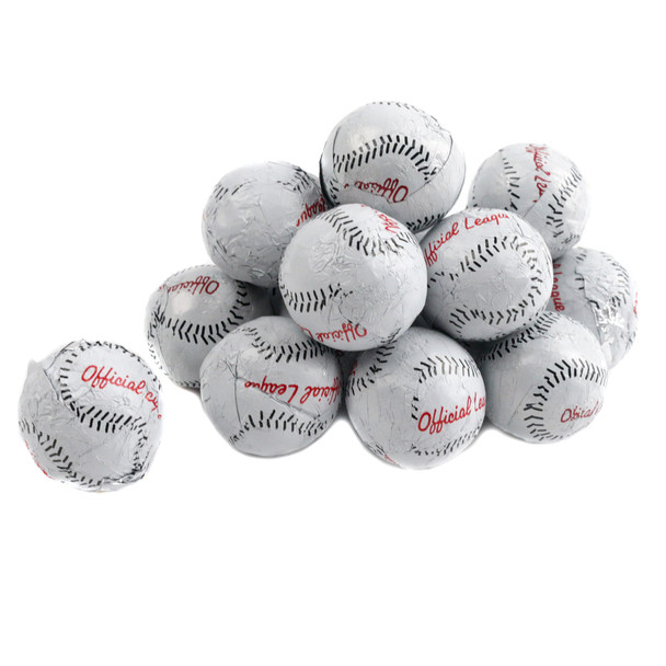 Milk chocolate baseballs, white foil wrapped, red stitching detail. Bite-sized candy, approx. 65 per pound.