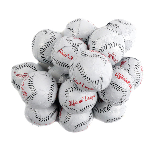 Bite-sized milk chocolate baseballs, white foil wrapped, red stitching, approx 65 per pound, creamy milk chocolate candy.