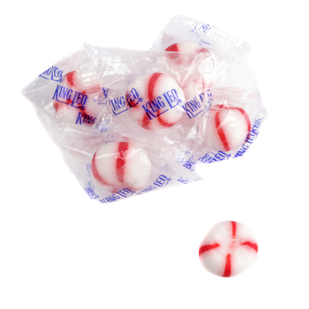 King Leo Soft Peppermints Puffs, approx 80 individually wrapped smooth white peppermint candies per pound.