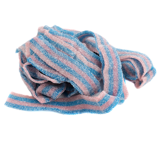 Pink and blue striped sour cotton candy belts, approximately 9 inches long, 50 belts per pound.