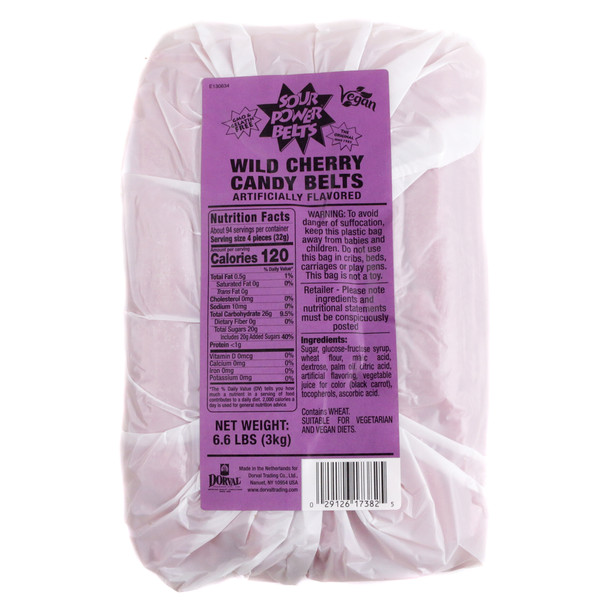 Bright red wild cherry sour belts, sugar-coated. Gummy strips, approx. 50 per lb, each 9 inches long for candy buffets.