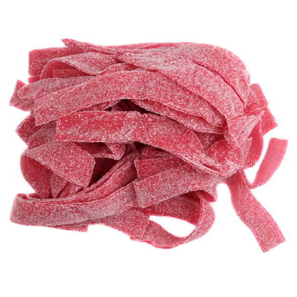 Bright red wild cherry sour belts, sugar-coated, tangy, approx 50 pieces per pound, 9'' long.