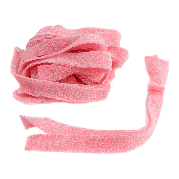 Pink lemonade sour belts, approx. 50 per pound, 9-inch long tangy sweet gummy strips coated in sour sugar.