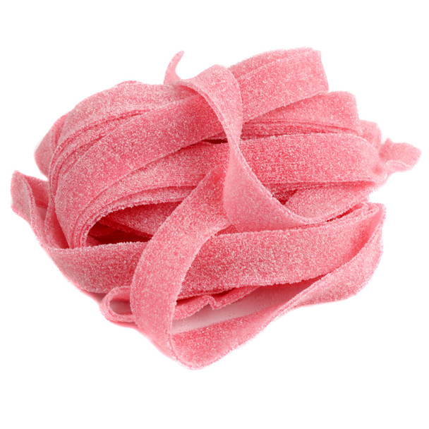Vibrant pink lemonade sour belts, 9-inch long tangy candy strips coated in sour sugar, approx. 50 per pound bulk.