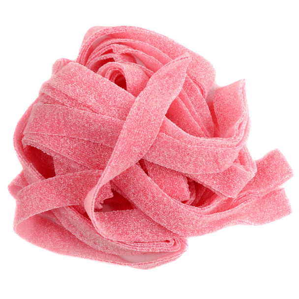 Pink lemonade sour belts, 9-inch long gummy strips coated in sour sugar, approx. 50 per pound, sweet and tangy.