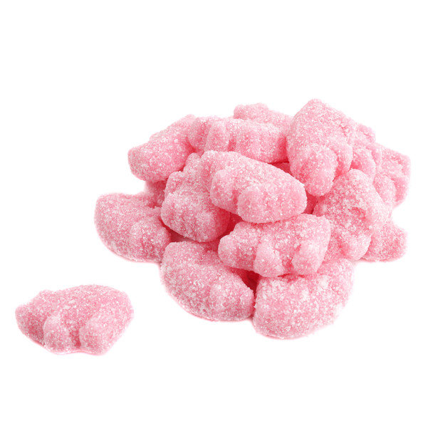 Pink sour gummy piglets, raspberry flavor, coated in sour powder. Approximately 75 one-inch piglet candies per pound.