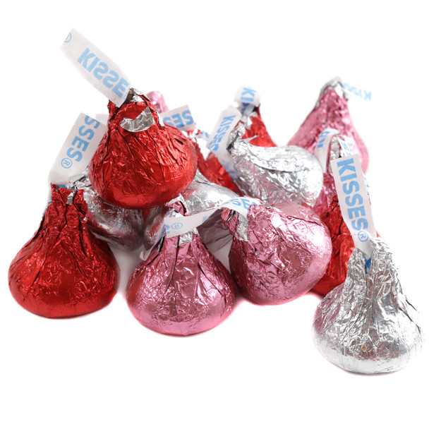 Valentine Hershey Kisses, silver, red, pink foil wrapped chocolates, approximately 90 per pound.
