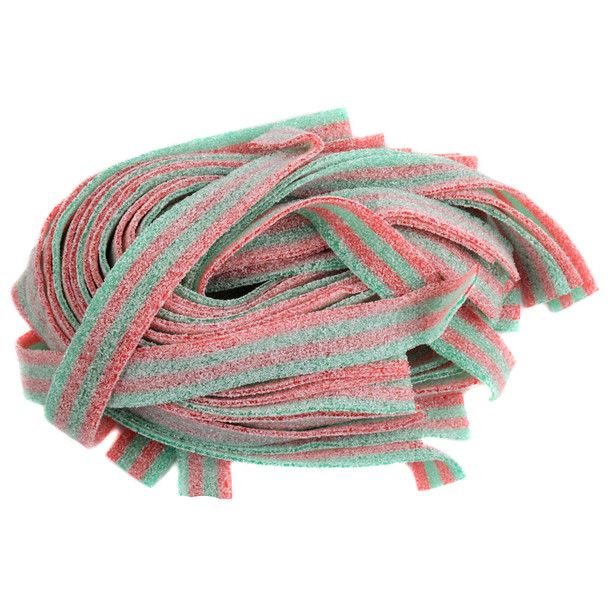 Red and green striped strawberry apple sour belts, 9 inches long, coated with sparkling sour sugar candy.