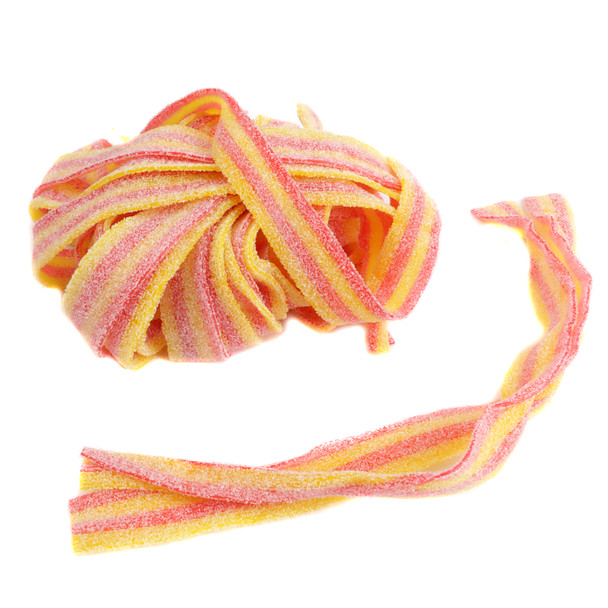 Red and yellow striped Sour Belts, strawberry banana flavor, sour sugar coated, approximately 50 nine-inch strips per pound.