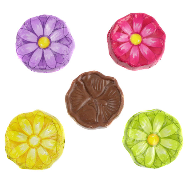 Milk chocolate Gerbera daisy flowers, brightly foil-wrapped, about 50 pieces per pound, Madelaine Chocolate.